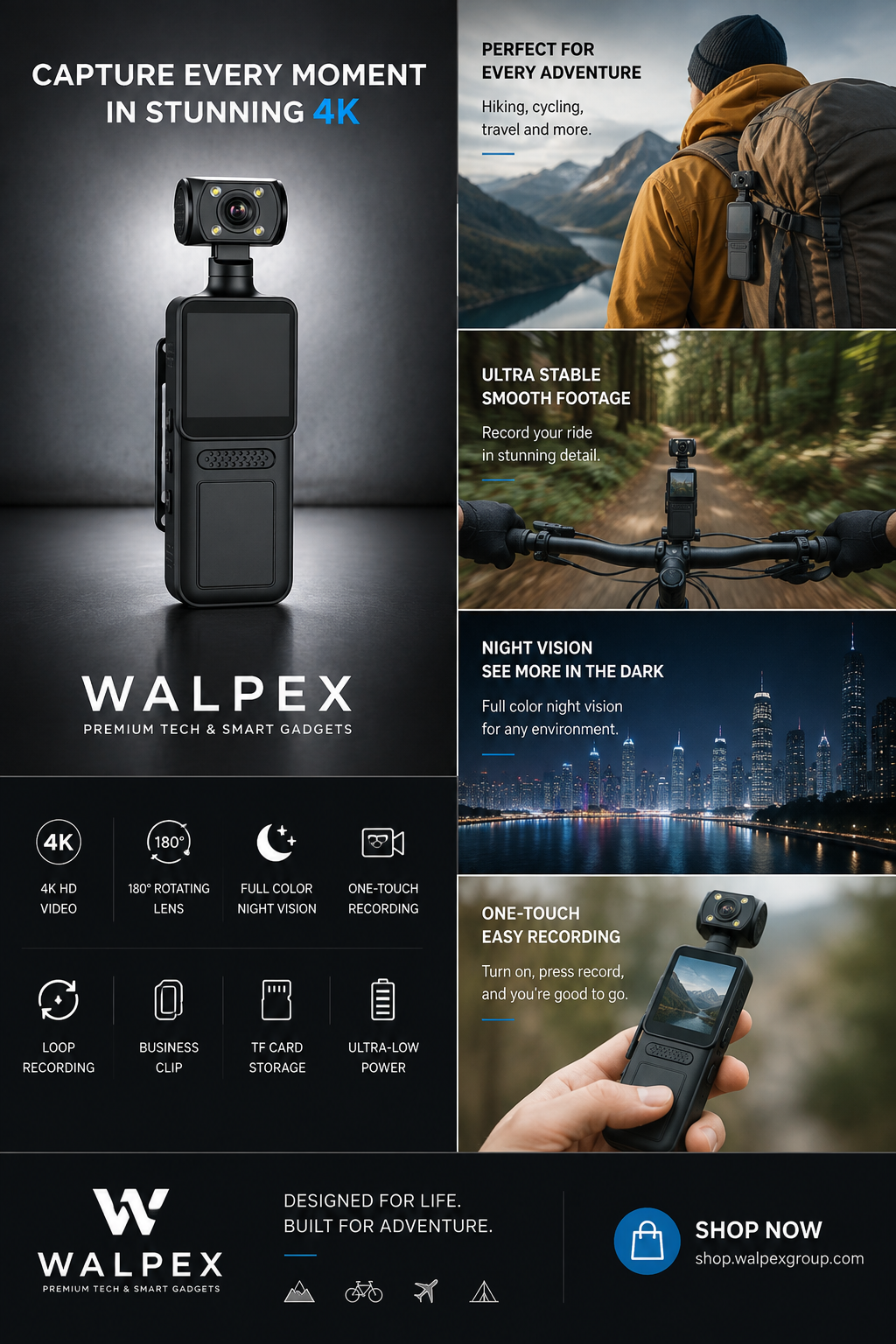 4K Pocket Action Camera with WiFi & 180° Rotating Lens - Walpex