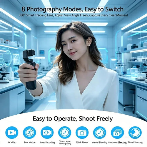 Caméra Cardan 4K 75MP – Caméra de Poche Vlog WiFi avec Suivi de Visage 330°