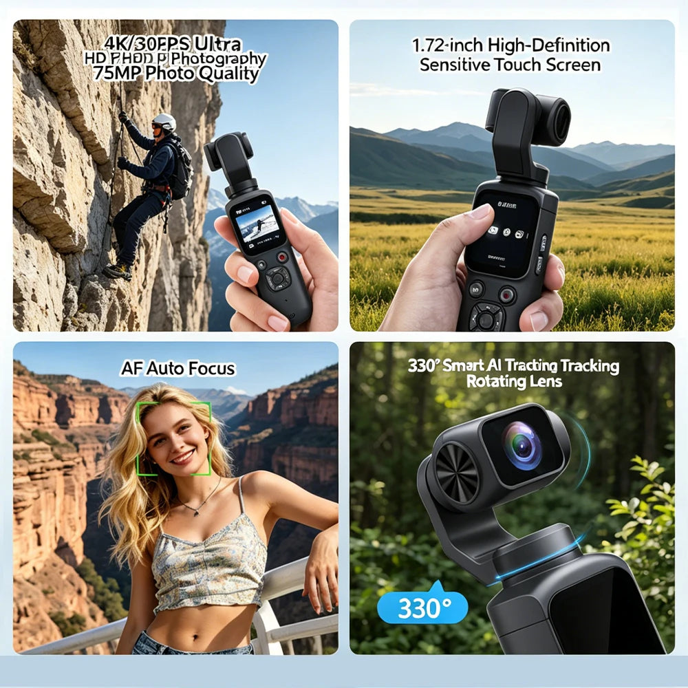 Caméra Cardan 4K 75MP – Caméra de Poche Vlog WiFi avec Suivi de Visage 330°