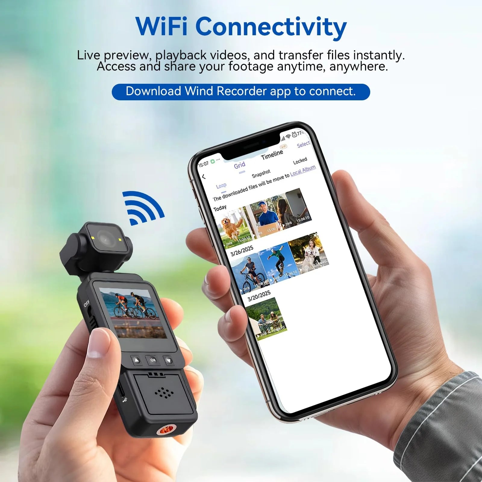 Caméra d'action sport extérieur 1080P – Caméscope de poche WiFi avec lumière d'appoint