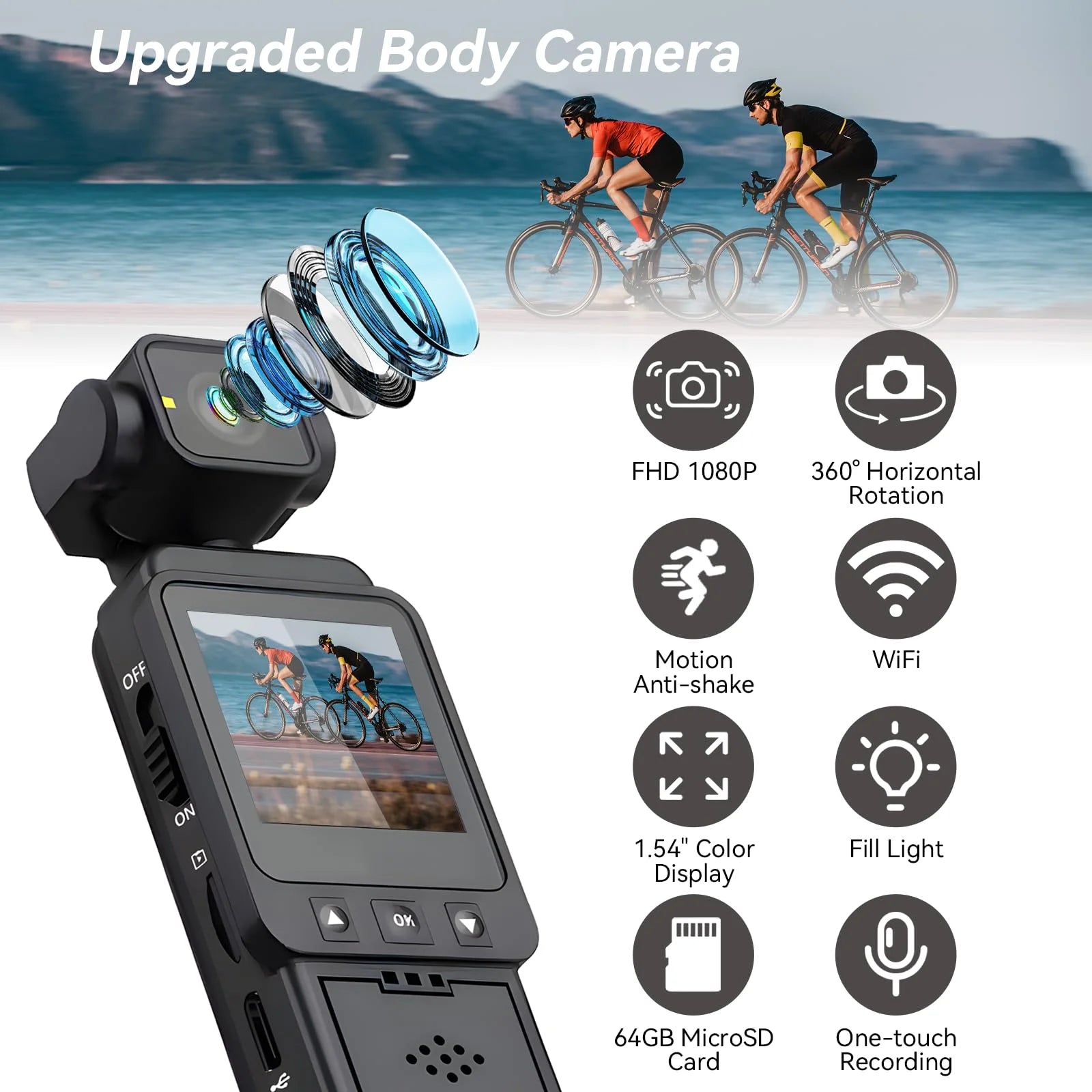 Caméra d'action sport extérieur 1080P – Caméscope de poche WiFi avec lumière d'appoint