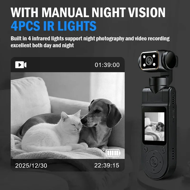 4K Rotatable Mini Body Camera – HD Night Vision LCD Screen