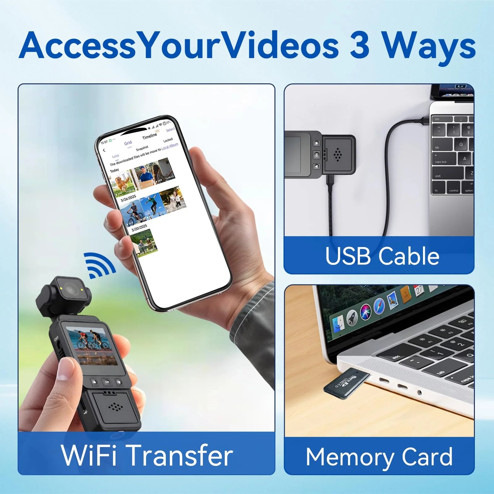 Caméra d'action sport extérieur 1080P – Caméscope de poche WiFi avec lumière d'appoint