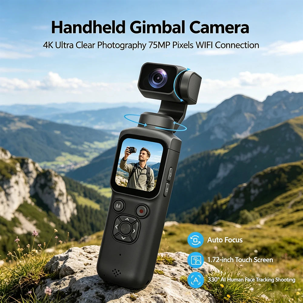Caméra Cardan 4K 75MP – Caméra de Poche Vlog WiFi avec Suivi de Visage 330°
