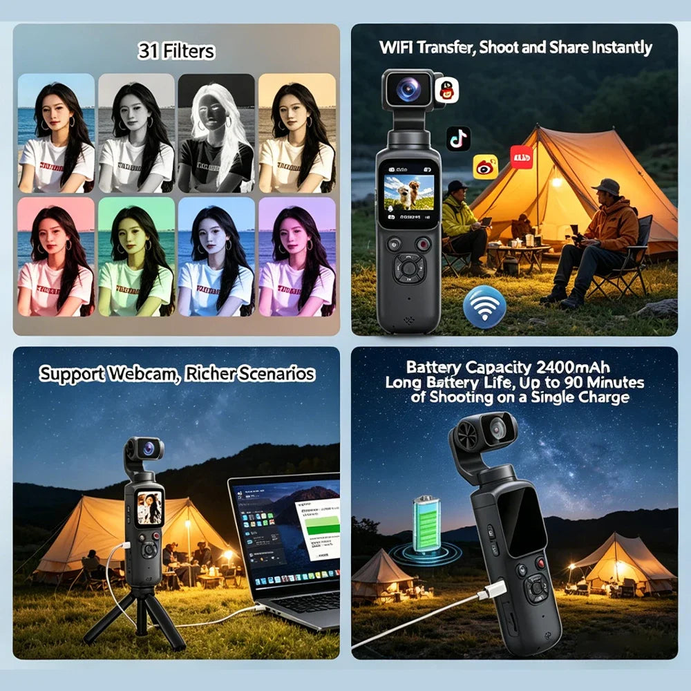 Caméra Cardan 4K 75MP – Caméra de Poche Vlog WiFi avec Suivi de Visage 330°